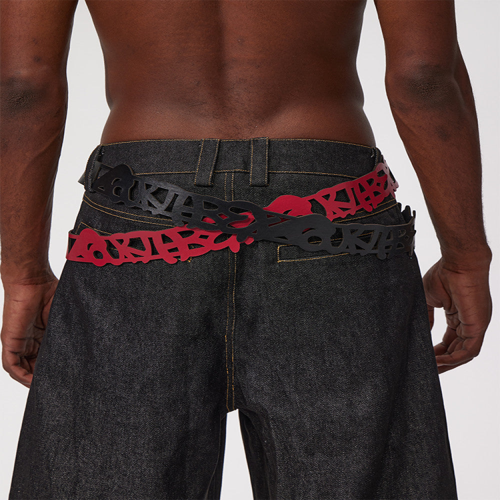 Fourth3ex 25Ss trendy sayless slogan hollow metal rectangular buckle genuine leather belt image 4