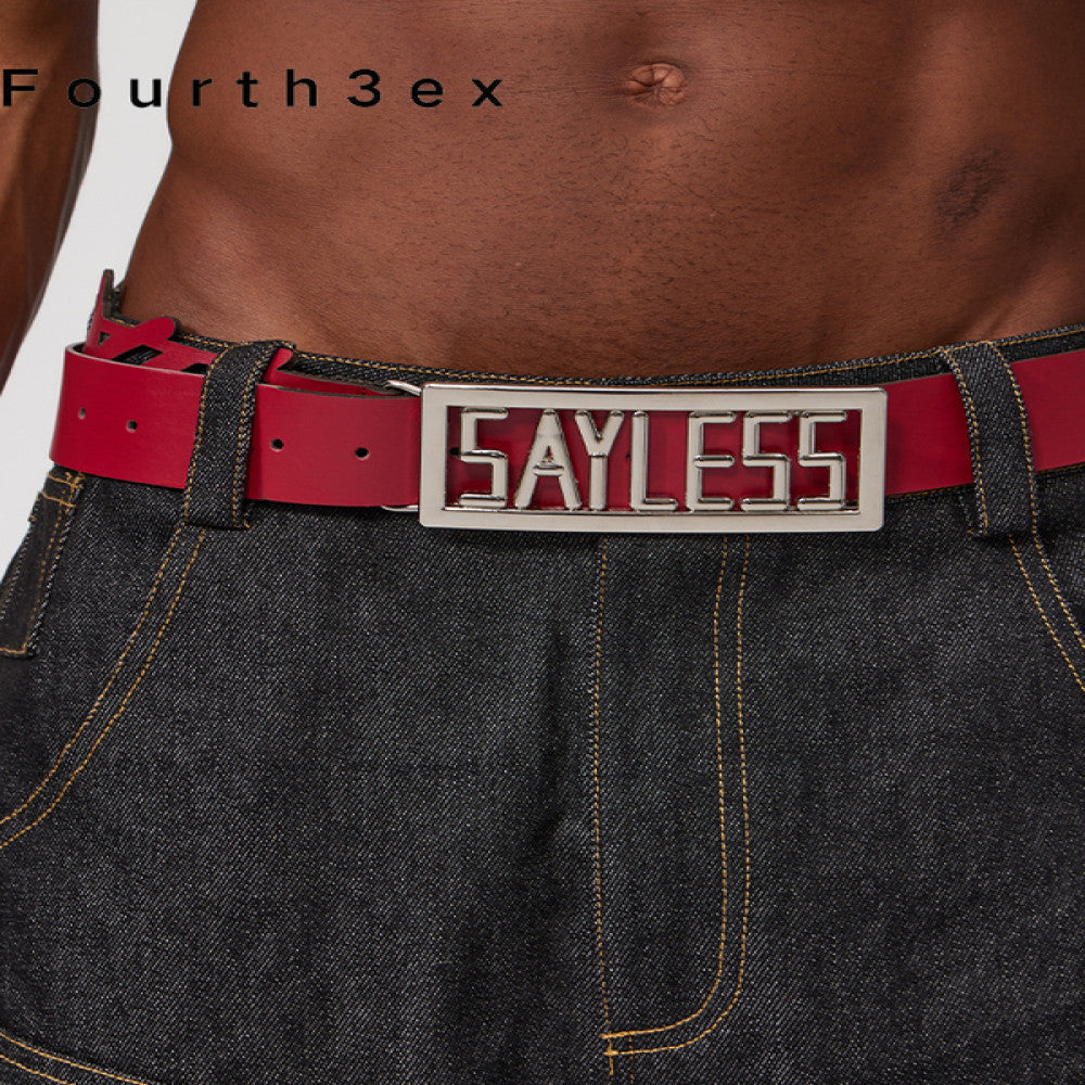Fourth3ex 25Ss trendy sayless slogan hollow metal rectangular buckle genuine leather belt image 0