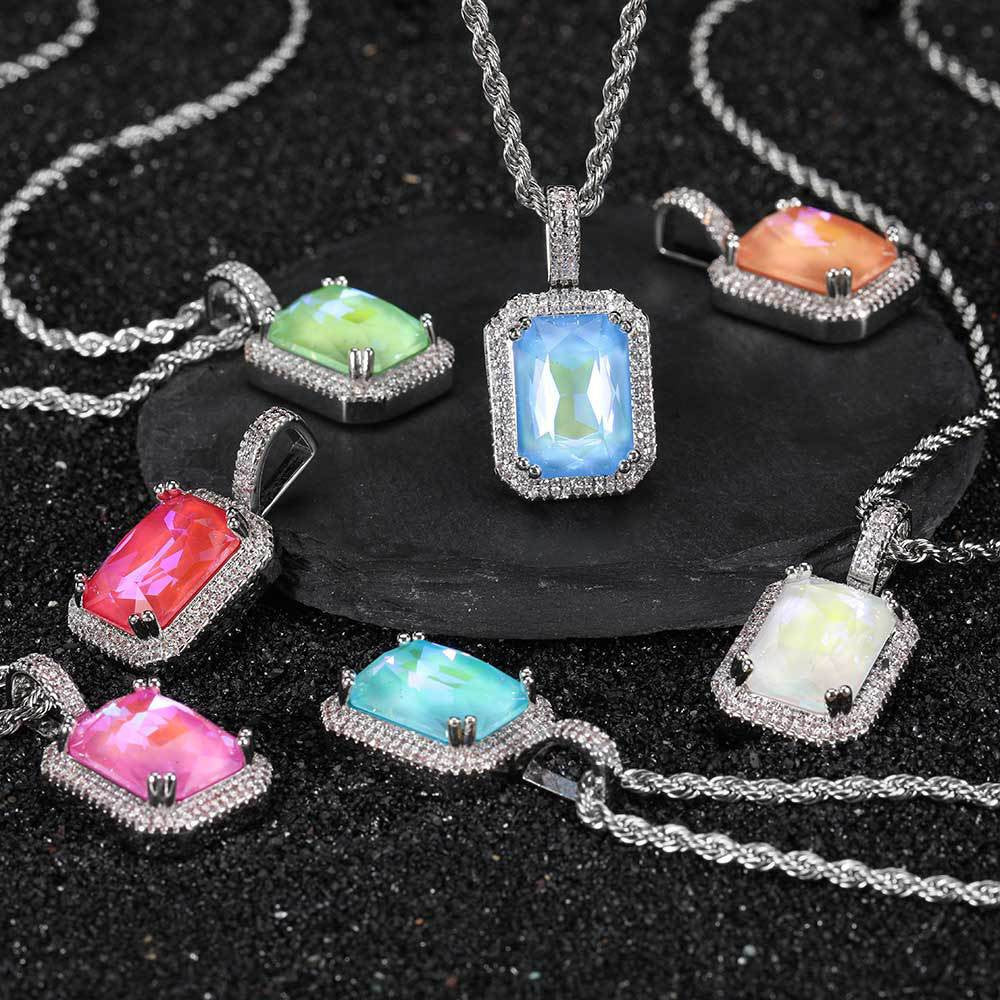 HIPUNK European and American Square Solid Zircon Colored Gemstone Pendant Cuban Micro inlaid Zircon Necklace Hip Hop Men s and Women s Trendy image 2