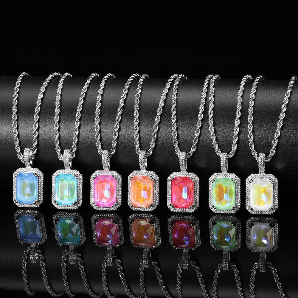 HIPUNK European and American Square Solid Zircon Colored Gemstone Pendant Cuban Micro inlaid Zircon Necklace Hip Hop Men s and Women s Trendy image 3