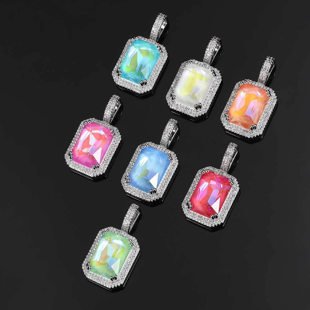 HIPUNK European and American Square Solid Zircon Colored Gemstone Pendant Cuban Micro inlaid Zircon Necklace Hip Hop Men s and Women s Trendy image 4