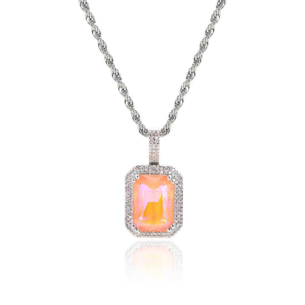 HIPUNK European and American Square Solid Zircon Colored Gemstone Pendant Cuban Micro inlaid Zircon Necklace Hip Hop Men s and Women s Trendy image 5