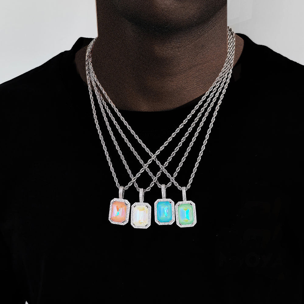 HIPUNK European and American Square Solid Zircon Colored Gemstone Pendant Cuban Micro inlaid Zircon Necklace Hip Hop Men s and Women s Trendy image 0