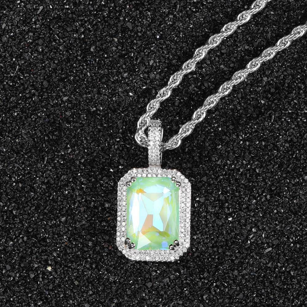 HIPUNK European and American Square Solid Zircon Colored Gemstone Pendant Cuban Micro inlaid Zircon Necklace Hip Hop Men s and Women s Trendy image 14