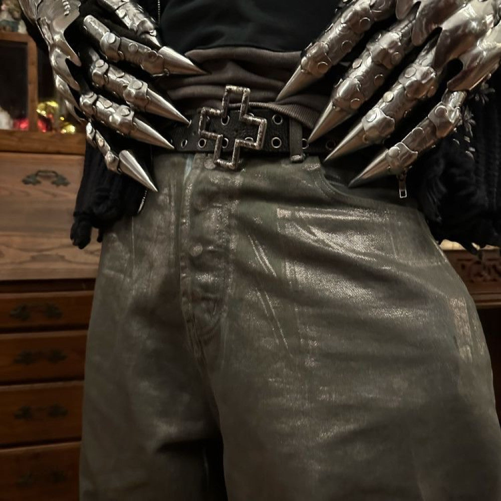 Rabbit b Yonik Retro distressed cross buckle cowhide bullet hole punk belt image 3