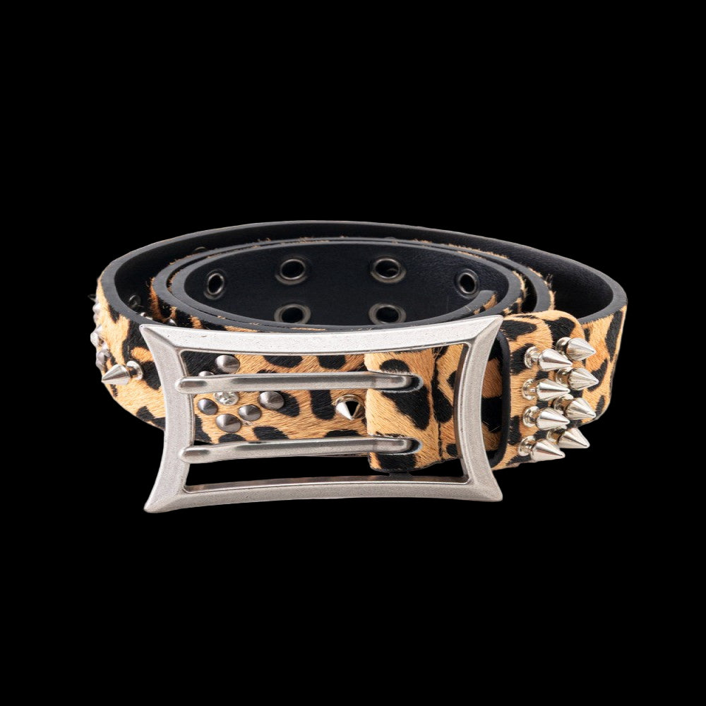 Yonik Genuine leather horsehair leopard print double pin buckle metal belt punk rock belt image 3