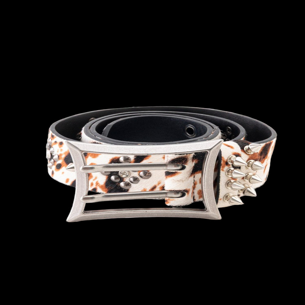 Yonik Genuine leather horsehair leopard print double pin buckle metal belt punk rock belt image 5