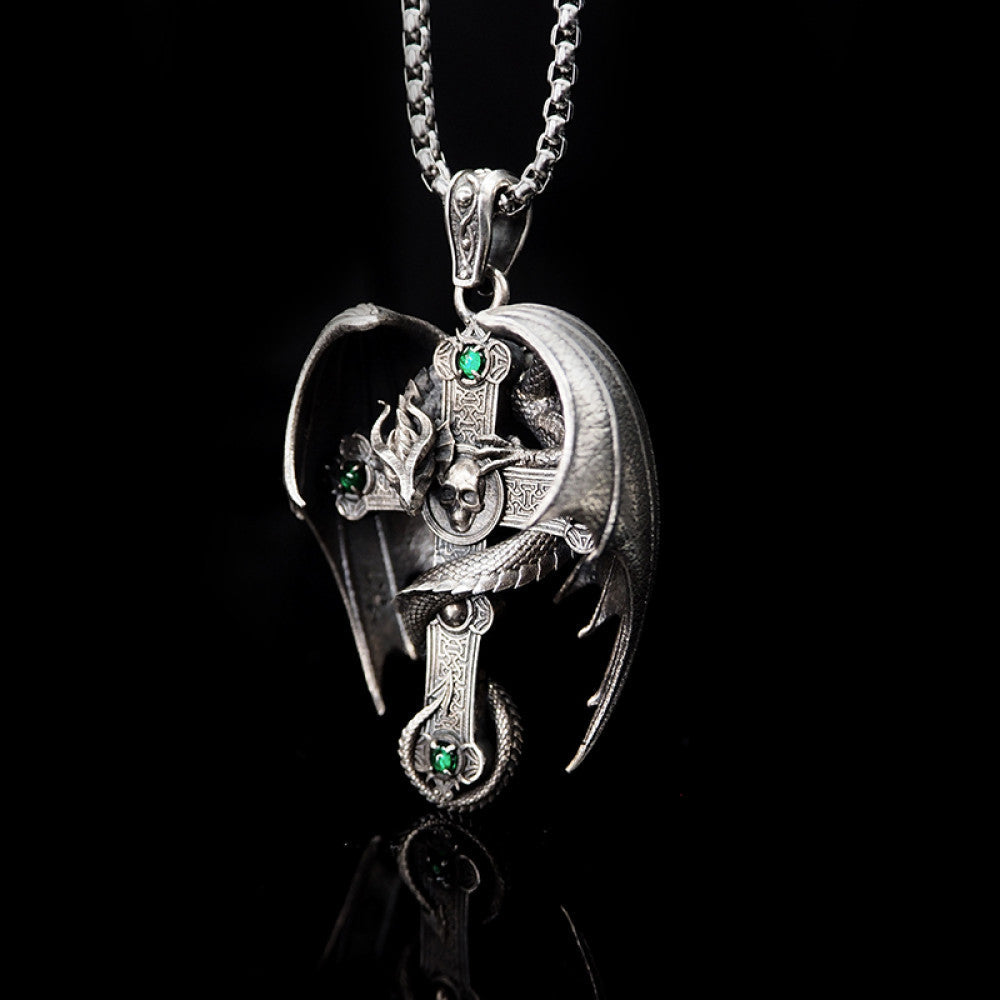 Nocturne Studio 95 Pure Silver Original Design Personalized Retro Gothic Emerald Dragon Cross Pendant Necklace image 5