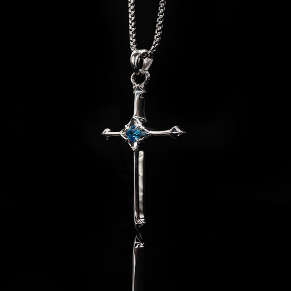Nocturne Studio 925 sterling silver original niche simple and versatile aquamarine gemstone cross couple pendant necklace image 2