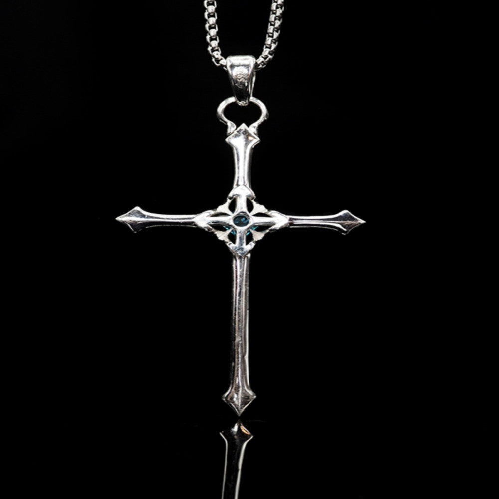 Nocturne Studio 925 sterling silver original niche simple and versatile aquamarine gemstone cross couple pendant necklace image 3