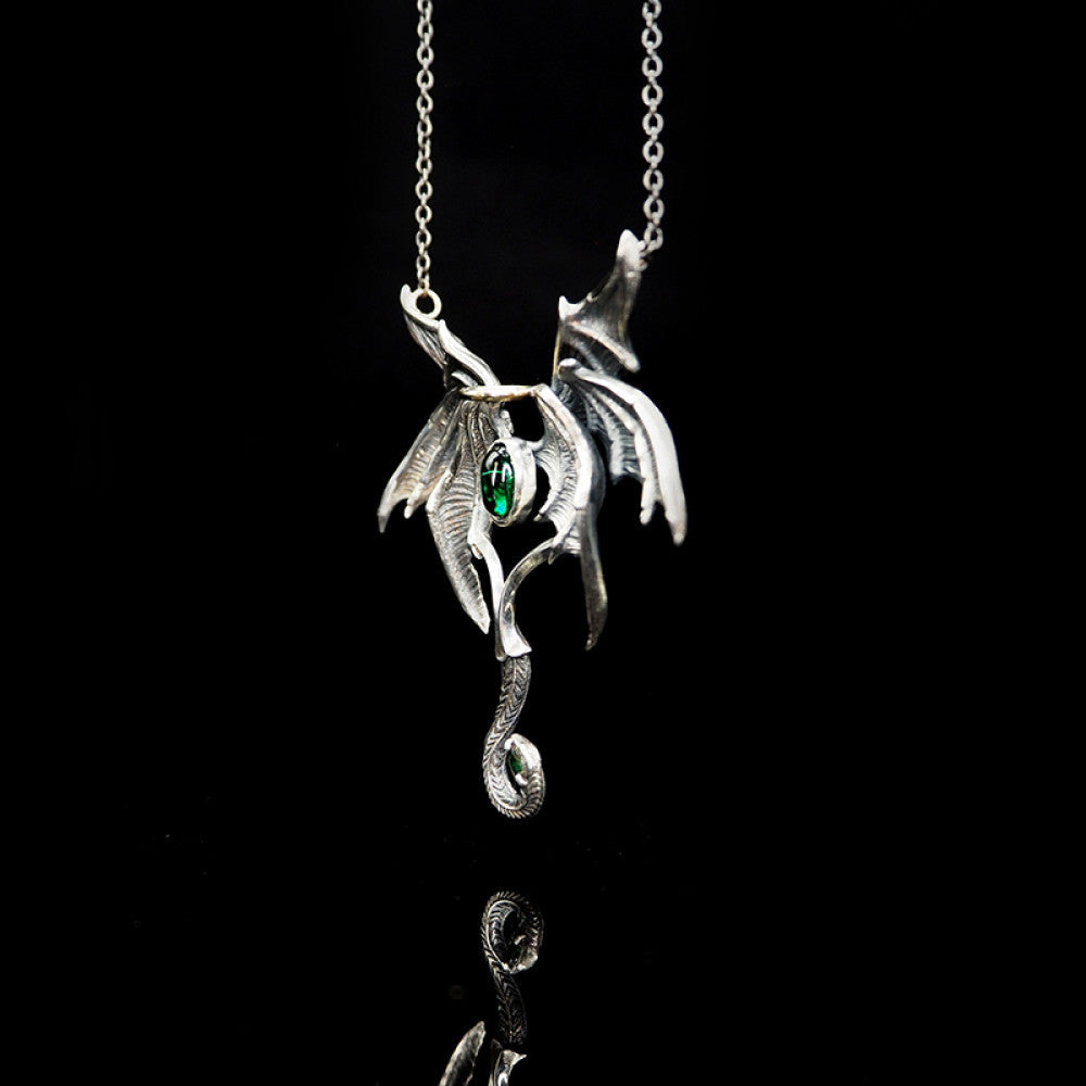 Nocturne Studio S925 Sterling Silver Original Handmade Gothic Emerald Dark Angel Demon Wings Pendant image 2