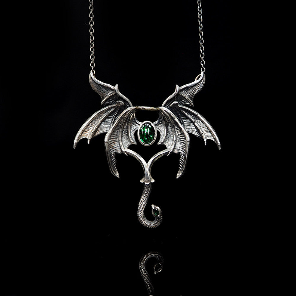 Nocturne Studio S925 Sterling Silver Original Handmade Gothic Emerald Dark Angel Demon Wings Pendant image 6
