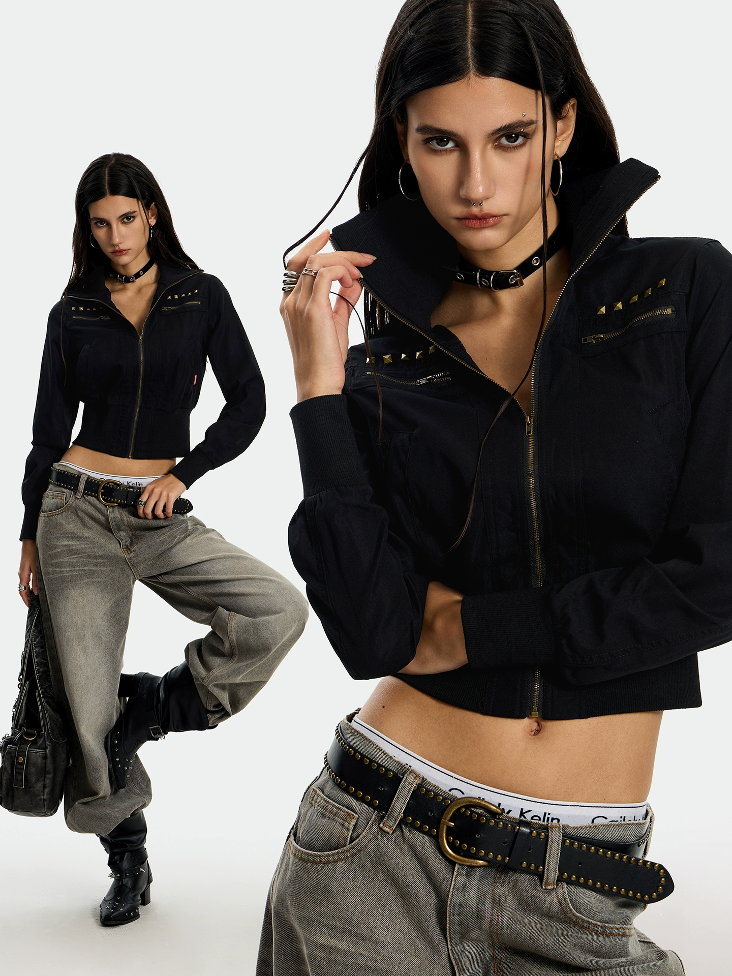 A model is shown in two poses wearing a black Rebel Camo Jacket with studded detailing with a black choker and a black handbag visible in the full-length shot.