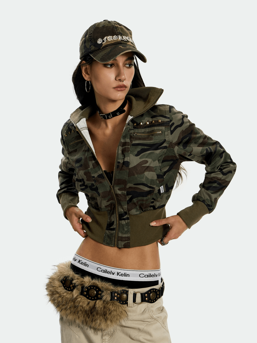 Studded Black Camo Jacket - Dekayed