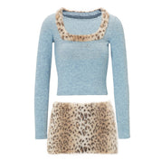 Y2K Leopard Knit Skirt Set - Dekayed