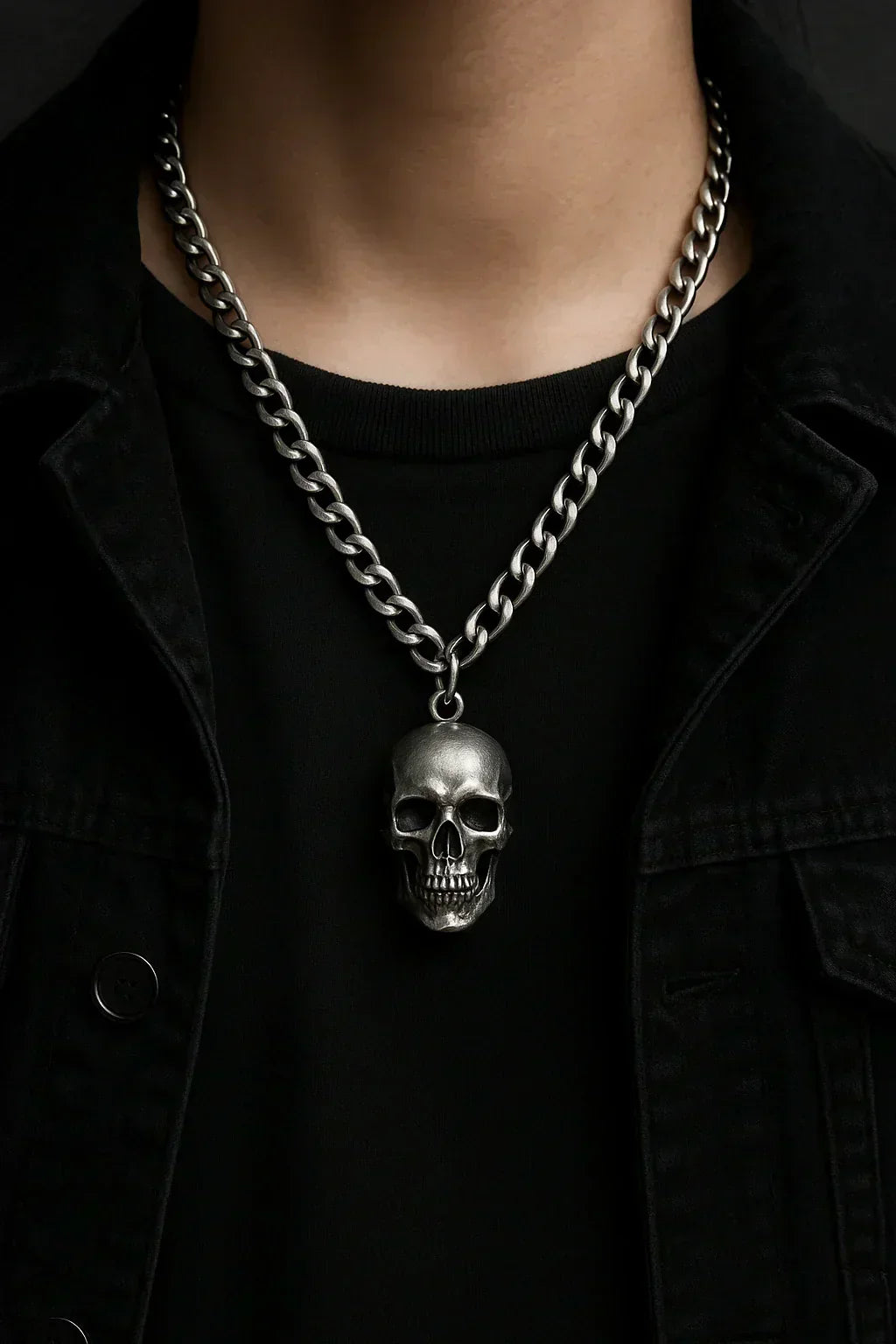 A man wearing skull necklace which really means in fashion styling.
