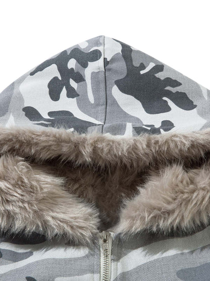 Snow Camouflage Patchwork Fur Jacket Tracksuit