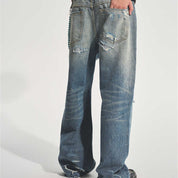 2024 Autumn Ice Blue Destroyed Patch Wide Leg Jeans Trendy Style Loose Straight Medium High Waist Thick Four Seasons Universal Youth Casual Non elastic Denim Pants image 3