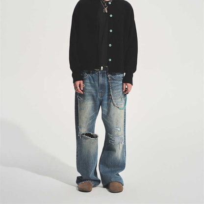 2024 Autumn Ice Blue Destroyed Patch Wide Leg Jeans Trendy Style Loose Straight Medium High Waist Thick Four Seasons Universal Youth Casual Non elastic Denim Pants image 4