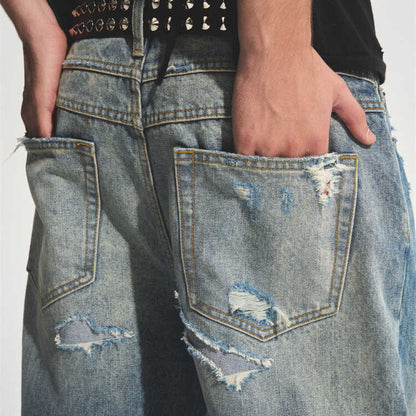 2024 Autumn Ice Blue Destroyed Patch Wide Leg Jeans Trendy Style Loose Straight Medium High Waist Thick Four Seasons Universal Youth Casual Non elastic Denim Pants image 5