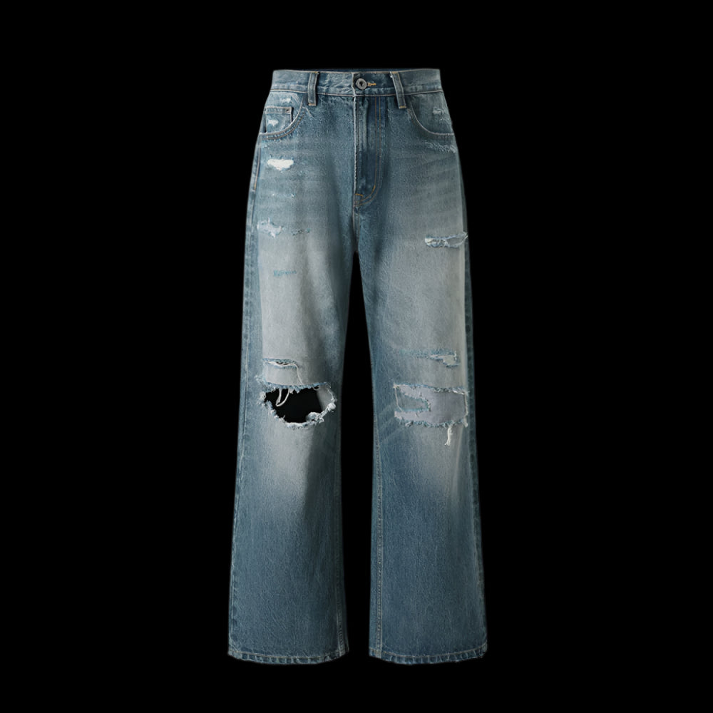 2024 Autumn Ice Blue Destroyed Patch Wide Leg Jeans Trendy Style Loose Straight Medium High Waist Thick Four Seasons Universal Youth Casual Non elastic Denim Pants image 6