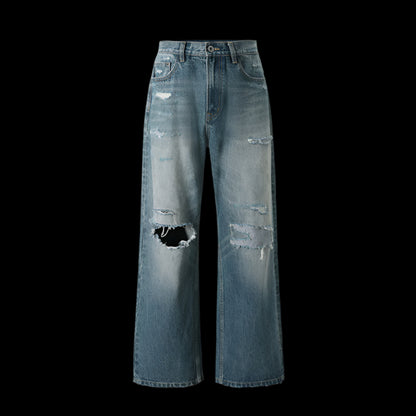 2024 Autumn Ice Blue Destroyed Patch Wide Leg Jeans Trendy Style Loose Straight Medium High Waist Thick Four Seasons Universal Youth Casual Non elastic Denim Pants image 6