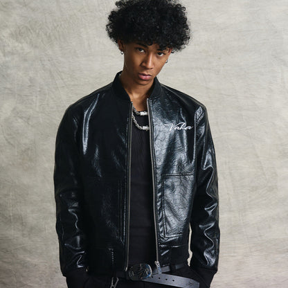 VAKA TYPESHYT Wrinkled texture heavy embroidery PU leather motorcycle jacket image 8