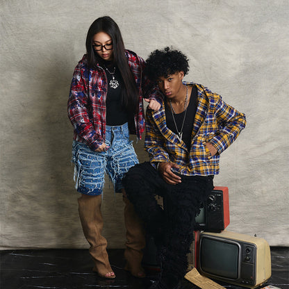 VAKA TYPESHYT Tie dyed plaid brushed destroyed hooded embroidered sweatshirt jacket for men and women image 1