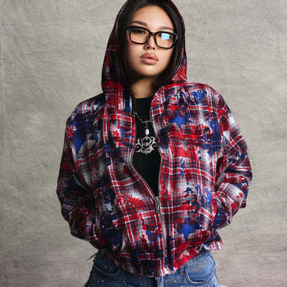 VAKA TYPESHYT Tie dyed plaid brushed destroyed hooded embroidered sweatshirt jacket for men and women image 2