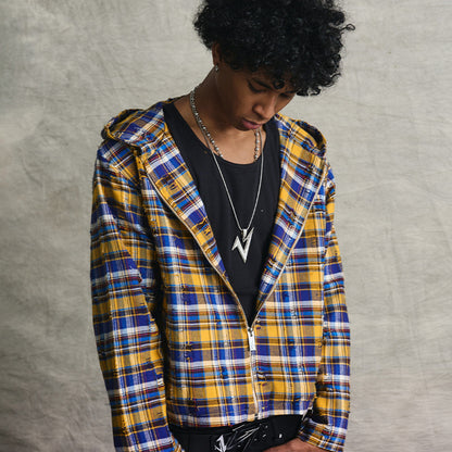 VAKA TYPESHYT Tie dyed plaid brushed destroyed hooded embroidered sweatshirt jacket for men and women image 3