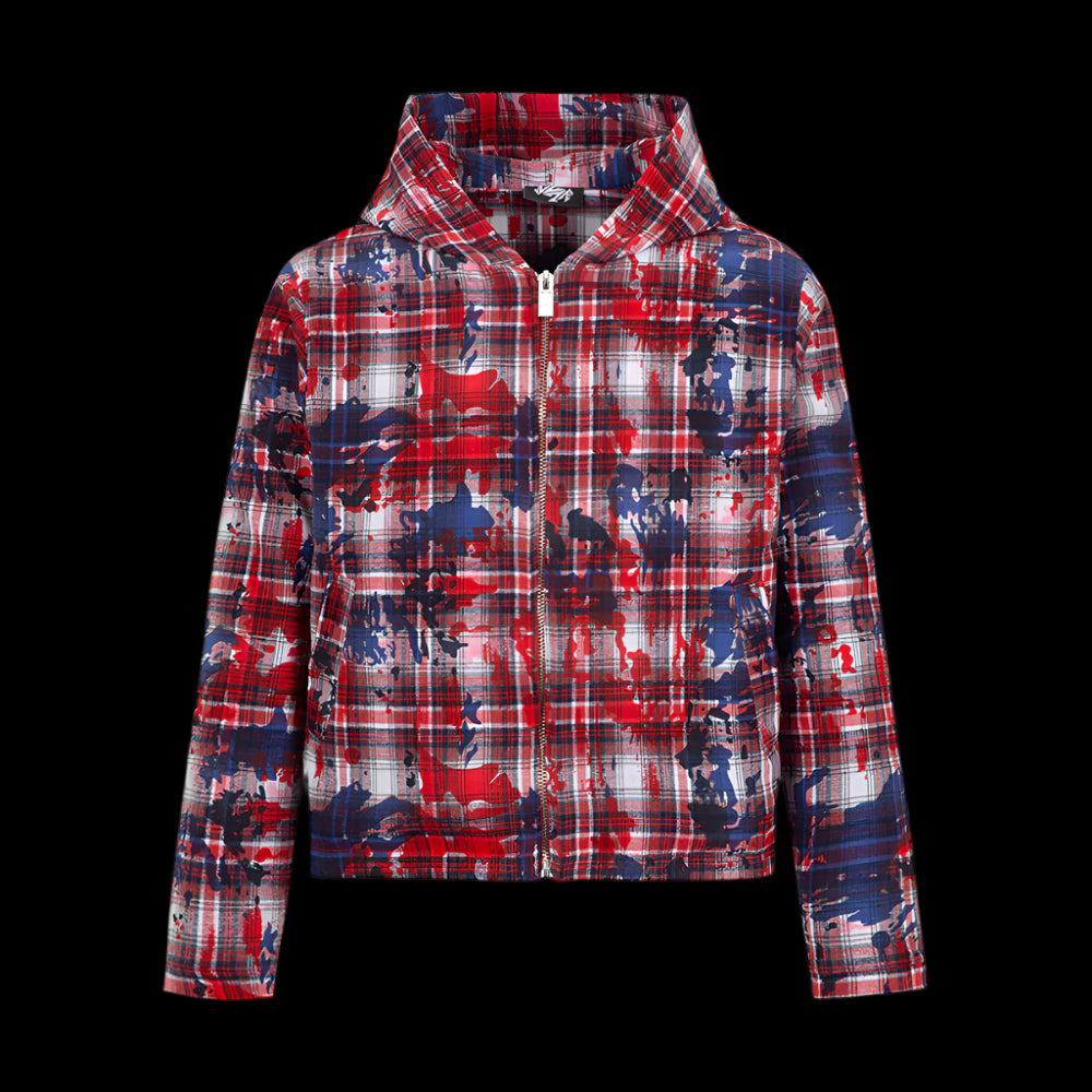 VAKA TYPESHYT Tie dyed plaid brushed destroyed hooded embroidered sweatshirt jacket for men and women image 6