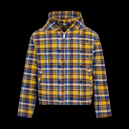 VAKA TYPESHYT Tie dyed plaid brushed destroyed hooded embroidered sweatshirt jacket for men and women image 14