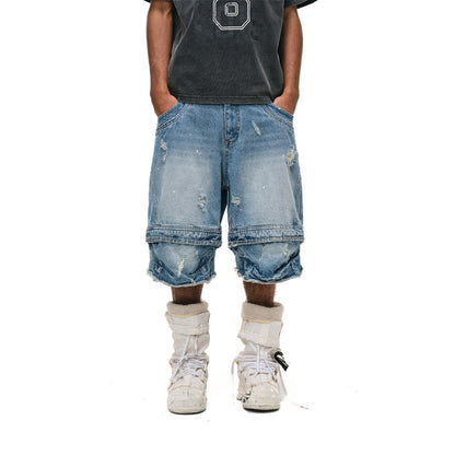 ANTIDOTE Destruction Ink Splash Denim Cropped Pants Retro Workwear Shorts Washed Splicing Five point Wide leg Pants Mid length Pants image 3