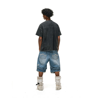 ANTIDOTE Destruction Ink Splash Denim Cropped Pants Retro Workwear Shorts Washed Splicing Five point Wide leg Pants Mid length Pants image 5