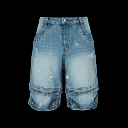 ANTIDOTE Destruction Ink Splash Denim Cropped Pants Retro Workwear Shorts Washed Splicing Five point Wide leg Pants Mid length Pants image 0