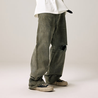 Remedy D kiss National trend loose straight workwear trousers American retro distressed hole casual trousers men image 3