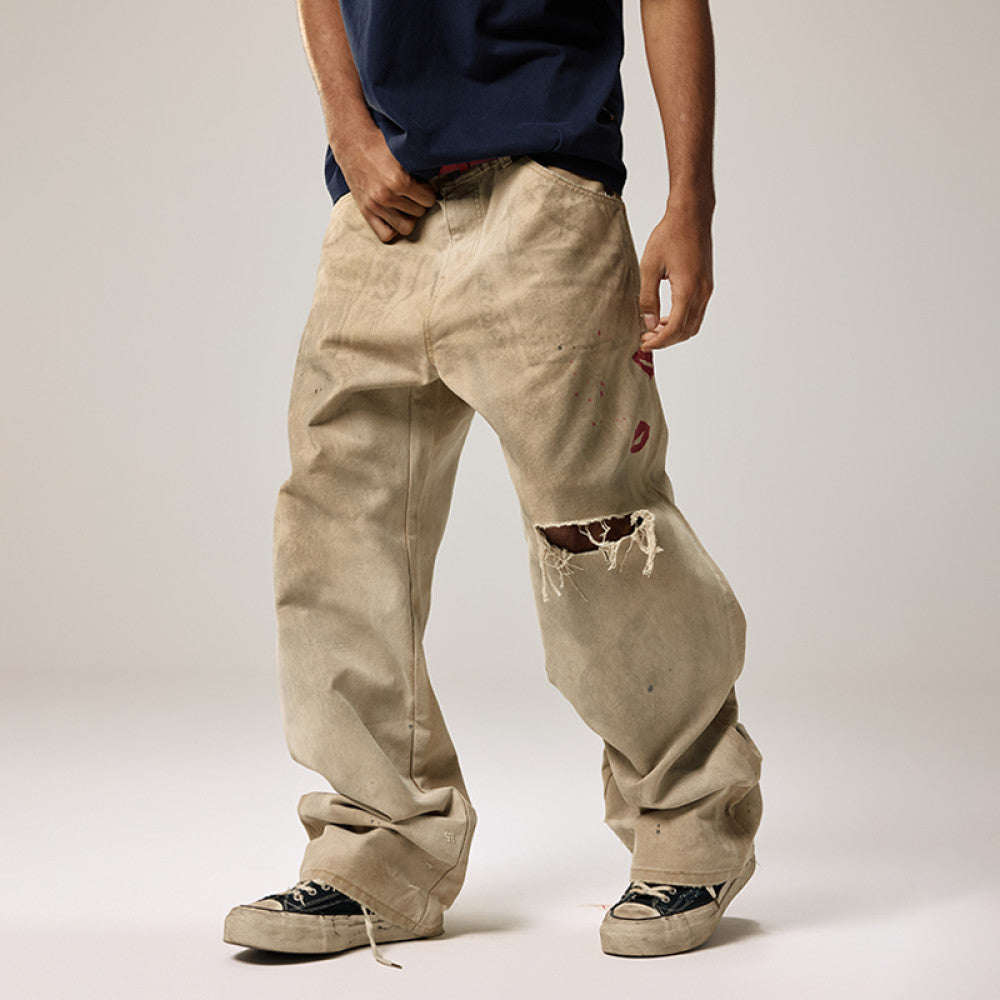 Remedy D kiss National trend loose straight workwear trousers American retro distressed hole casual trousers men image 0