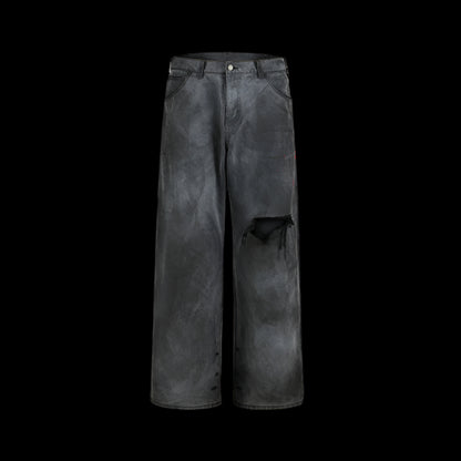 Remedy D kiss National trend loose straight workwear trousers American retro distressed hole casual trousers men image 6