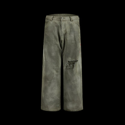 Remedy D kiss National trend loose straight workwear trousers American retro distressed hole casual trousers men image 27