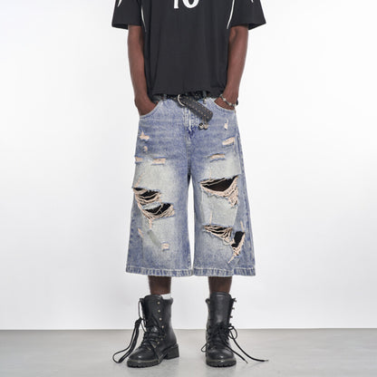 MT99 Official Flagship Store Y2K distressed denim shorts High street trendy men s light blue cropped pants Invoicing available image 1