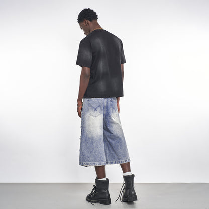 MT99 Official Flagship Store Y2K distressed denim shorts High street trendy men s light blue cropped pants Invoicing available image 5