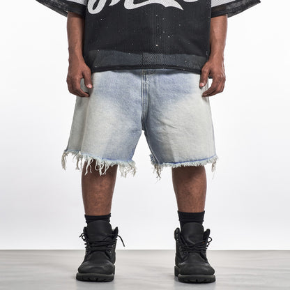 MT99 Frayed edge design gradient denim shorts High street retro street style unisex shorts image 3