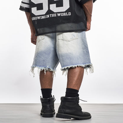 MT99 Frayed edge design gradient denim shorts High street retro street style unisex shorts image 4