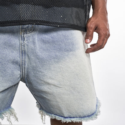 MT99 Frayed edge design gradient denim shorts High street retro street style unisex shorts image 6
