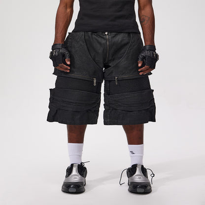 Fourth3ex 25Ss Wild Boy 3D Cut Western Waxed Denim Splicing Motorcycle Cropped Shorts More than 100 people purchased image 3
