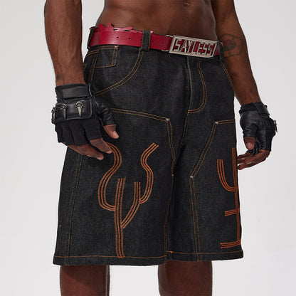 Fourth3ex 25Ss Heavy duty high end original design embroidered text red ear original denim shorts six point pants image 0