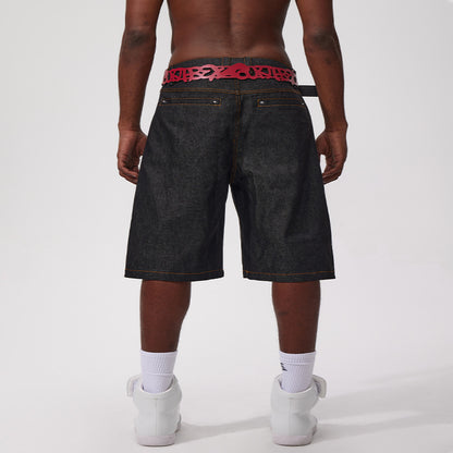 Fourth3ex 25Ss Heavy duty high end original design embroidered text red ear original denim shorts six point pants image 2