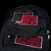 A detailed close-up of a black PT269 Dead Control Backpack is shown, featuring red and black horror movie patches and skull zipper pulls.
