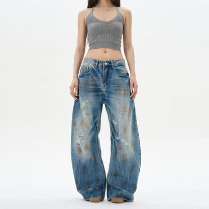 Oulang s store American style retro loose and dirty jeans men s niche design distressed cat whisker pants couple trend image 0
