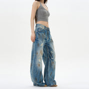 Oulang s store American style retro loose and dirty jeans men s niche design distressed cat whisker pants couple trend image 1